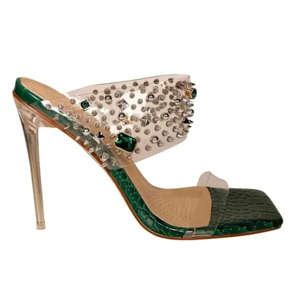 Azalea Wang Women Size 8.5 Studded Square Open Toe Green Mya Heels - Picture 1 of 6